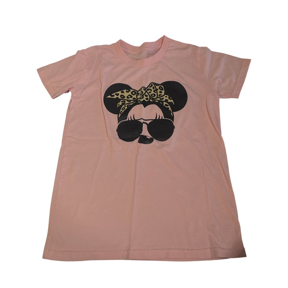 Pink Minnie Mouse Graphic T-Shirt Leopard Bow Sunglasses Disney Women Small